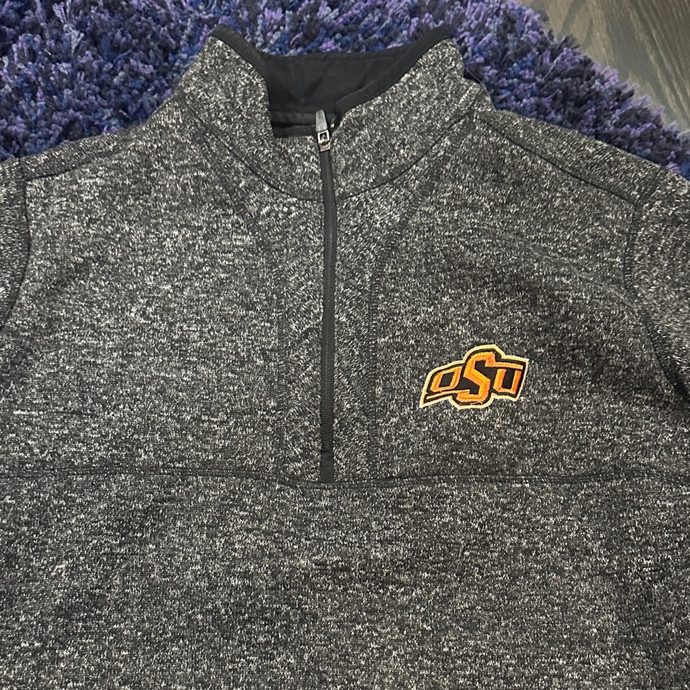 Antigua Men's Black and Gray Zip Up Sweater OSU Oklahoma State University